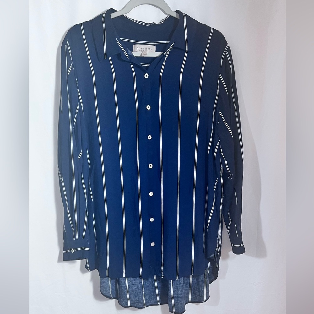 Philosophy Blue and White Striped Button Down Shirt Plus Size 2X Loose Comfy